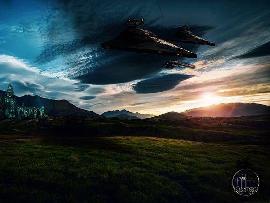 click to free download the wallpaper--Wallpaper Free Computer, Nimrod Spaceship Flying Over Green Grass