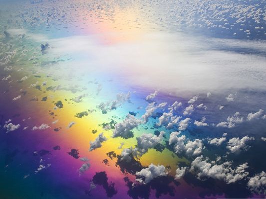 Wallpaper for Desktop Computer, Aerial View of Rainbow, White-Spotted Clouds Around