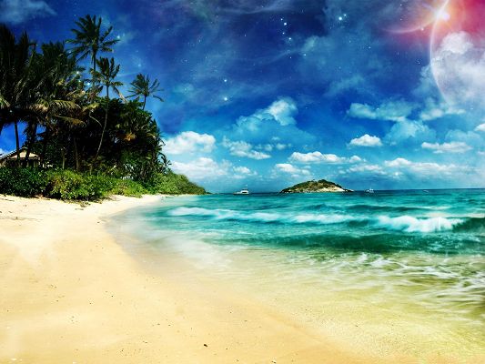 click to free download the wallpaper--Wallpaper for Desktop Computer, Surreal Beach, the Twisting Sea Under the Blue Sky