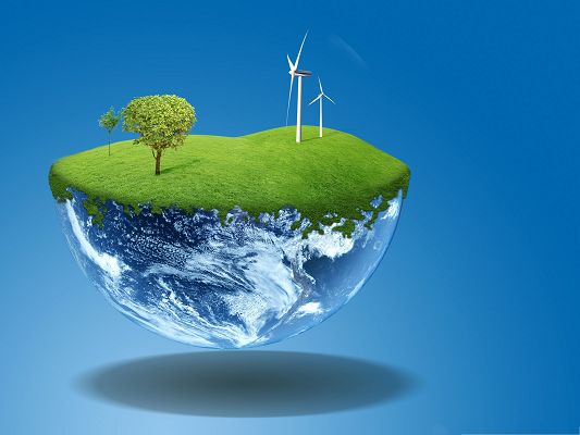 click to free download the wallpaper--Wallpaper for Widescreen, a Green Planet on Blue Background, Hello, New World!