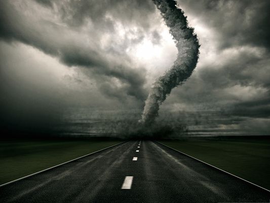 click to free download the wallpaper--Wallpaper for the Computer, Tornado Breaking the Road, a Disaster!