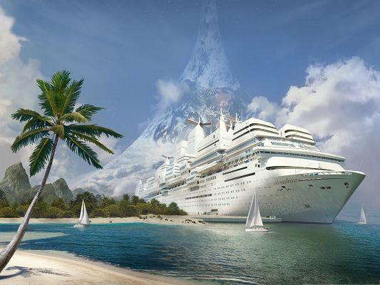 click to free download the wallpaper--Wallpapers for Computer Free, Huge Yacht on the Peaceful Sea, Fantasy Art