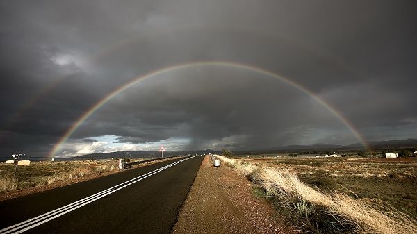 click to free download the wallpaper--beautiful nature wallpaper - A Flat and Straight Road Among Great Scenes, Double Rainbows Are Rarely Seen