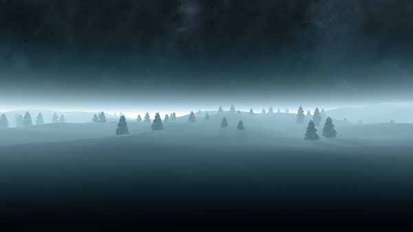click to free download the wallpaper--beautiful nature wallpaper - Snow-Capped Field and Short Pine Trees, the Dark Sky