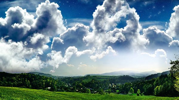 click to free download the wallpaper--free nature photos - White Clouds in Shapes, Cute Animals Like, Underneath is All Green