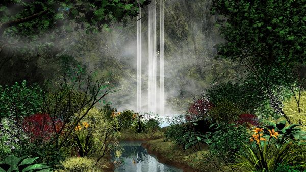 click to free download the wallpaper--landscape image - A Long Waterfall, Blooming Yellow Flowers, is Looking So Good  