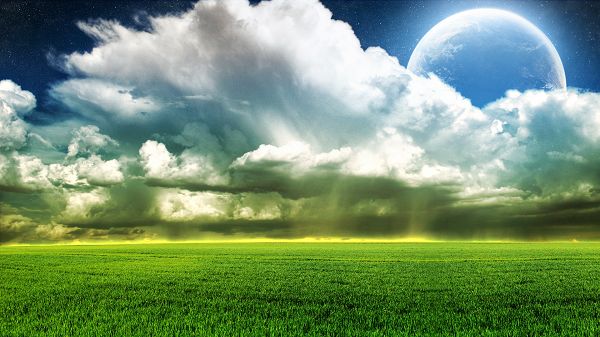 click to free download the wallpaper--picture of natural scene - The Planet Hiding Behind the White Clouds, Green Wheats, One Line is Golden
